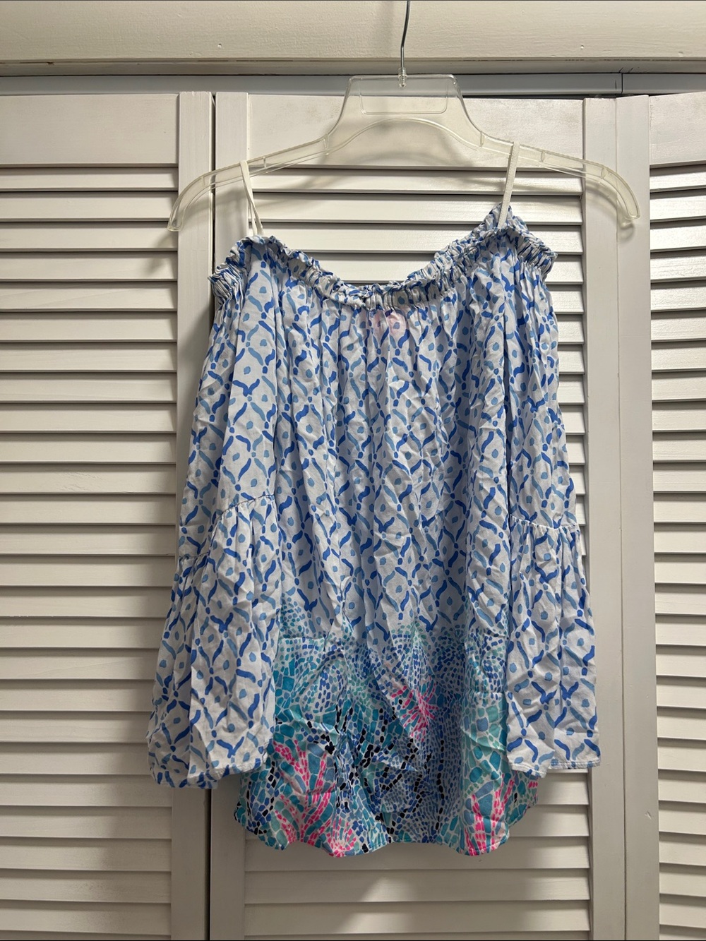 Lilly Pulitzer White and Blue Off-Shoulder Tunic with Turquoise & Pink Hem